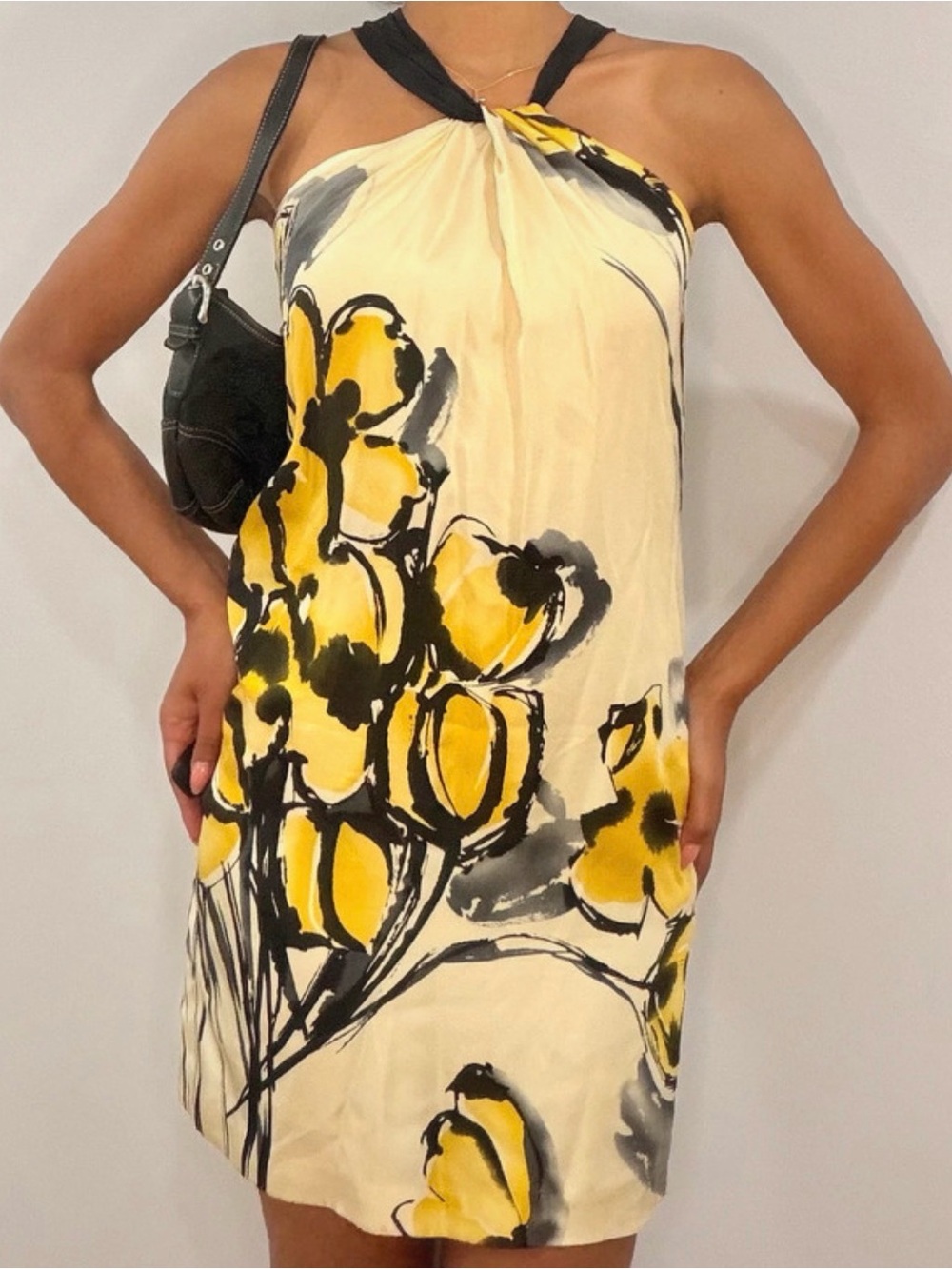 Vince Cream Halter Mini Dress with Yellow & Black Floral Print
